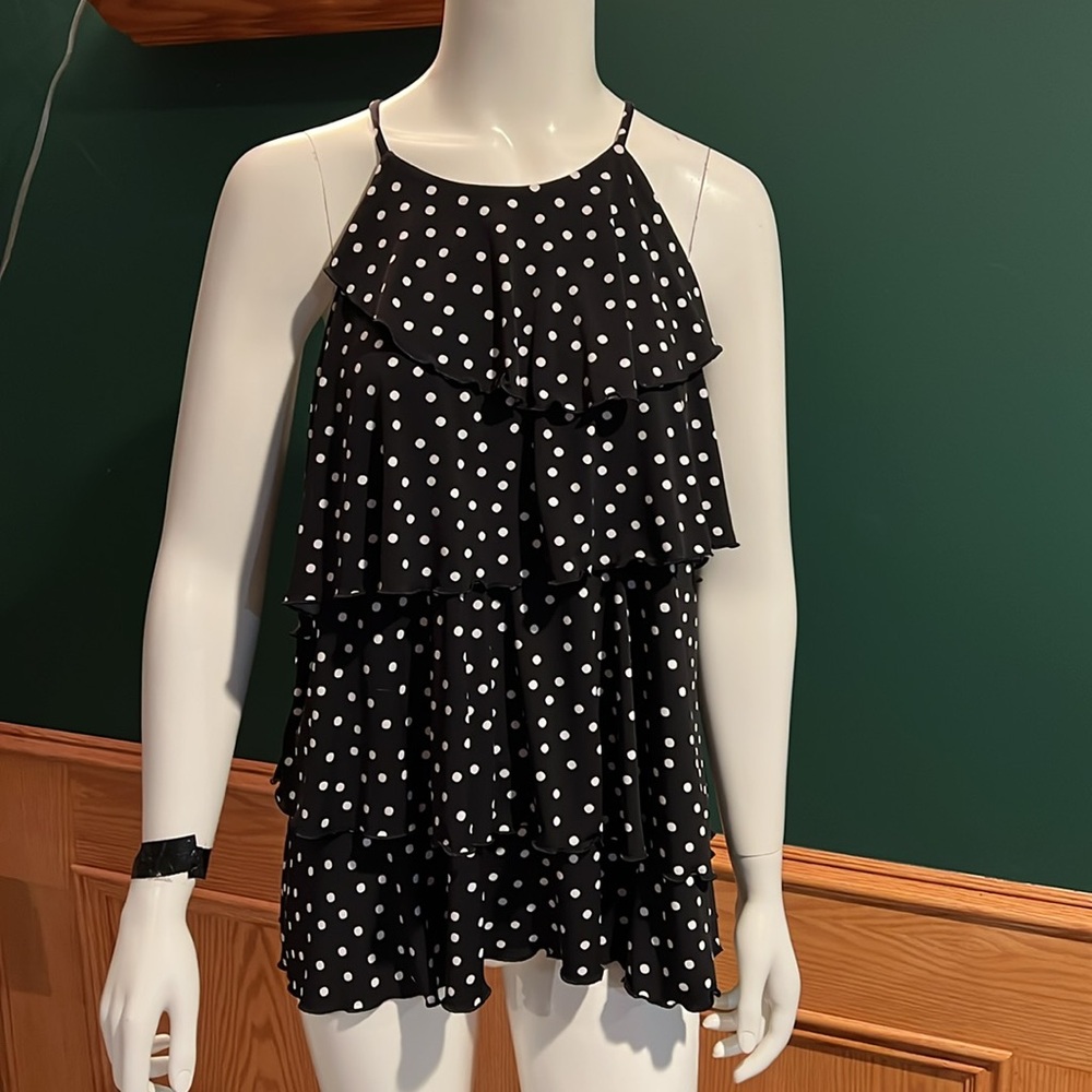White House Black Market Black and White Polka Dot Ruffle Tank Top